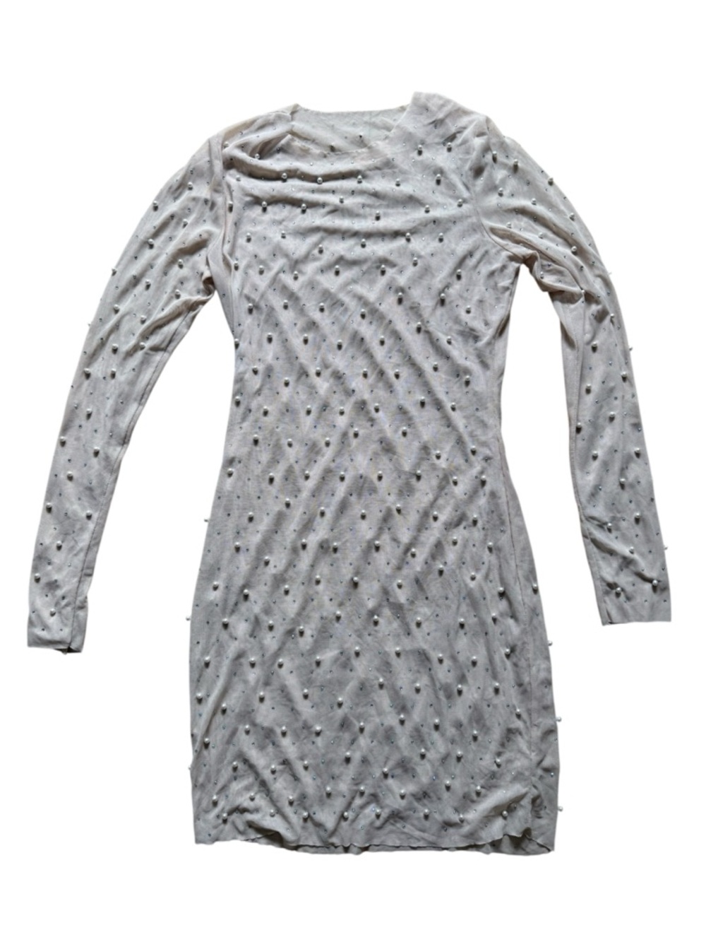 Long Sleeve Beaded Sparkly Bodycon Dress - See Through Mesh